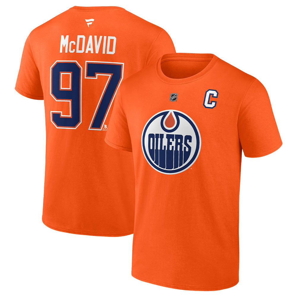 FANATICS EDMONTON OILERS CONNOR MCDAVID ORANGE NAME AND NUMBER T SHIRT
