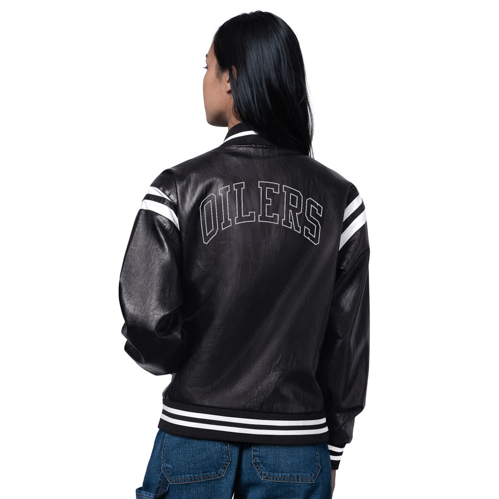 Starter Edmonton Oilers Women's Black Leather Jacket