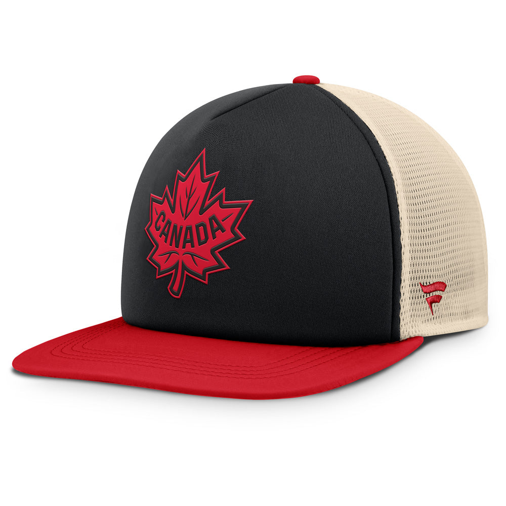 FANATICS 4 NATIONS FACEOFF TEAM CANADA 5 PANEL STRUCTURED FOAM FRONT MESH ADULT BLACK HAT