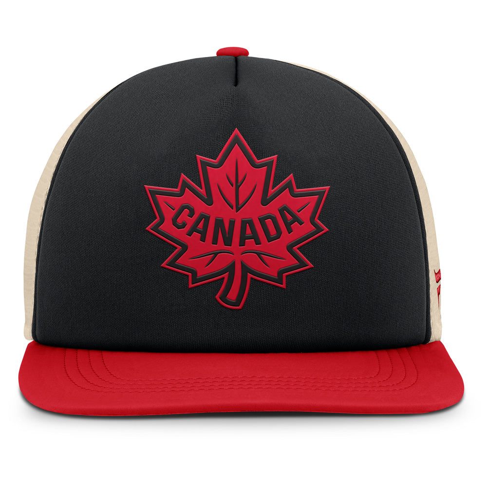 FANATICS 4 NATIONS FACEOFF TEAM CANADA 5 PANEL STRUCTURED FOAM FRONT MESH ADULT BLACK HAT