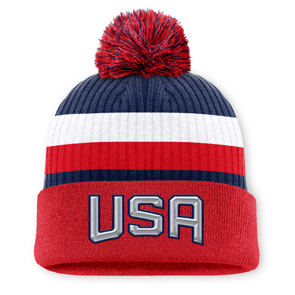 FANATICS 4 NATIONS FACEOFF TEAM USA TEAM 11 ARCYLIC CUFFED POM ADULT RED BEANIE