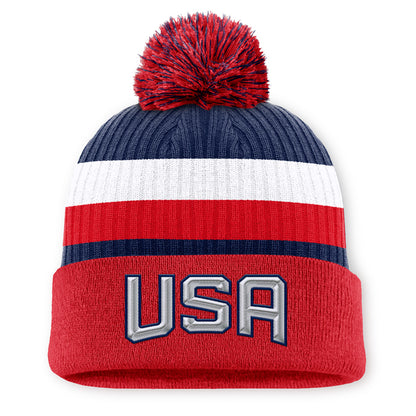 FANATICS 4 NATIONS FACEOFF TEAM USA TEAM 11 ARCYLIC CUFFED POM ADULT RED BEANIE