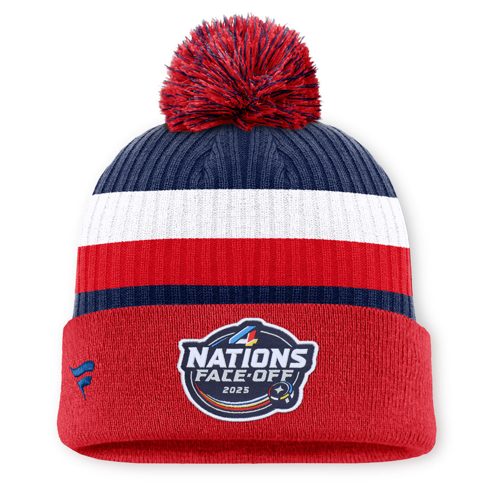 FANATICS 4 NATIONS FACEOFF TEAM USA TEAM 11 ARCYLIC CUFFED POM ADULT RED BEANIE