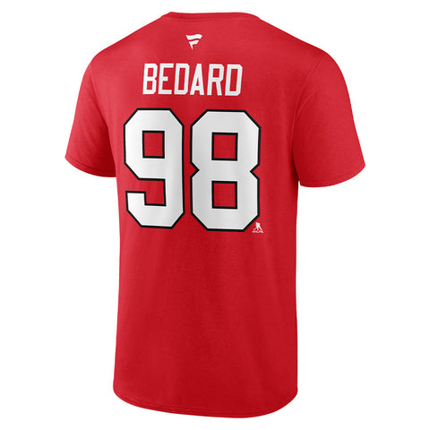 FANATICS CHICAGO BLACKHAWKS CONNOR BEDARD AUTHENTIC STACK PLAYER NAME AND NUMBER T SHIRT
