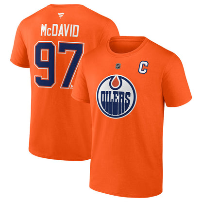 FANATICS EDMONTON OILERS CONNOR MCDAVID ORANGE NAME AND NUMBER T SHIRT