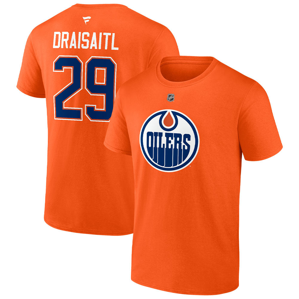 FANATICS EDMONTON OILERS LEON DRAISAITL ORANGE NAME AND NUMBER T SHIRT