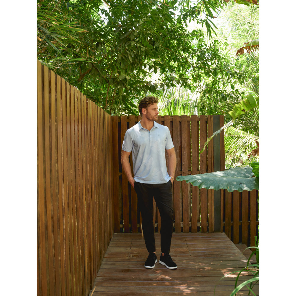 TRAVISMATHEW FEATHERWEIGHT MIST BLUE POLO SHIRT