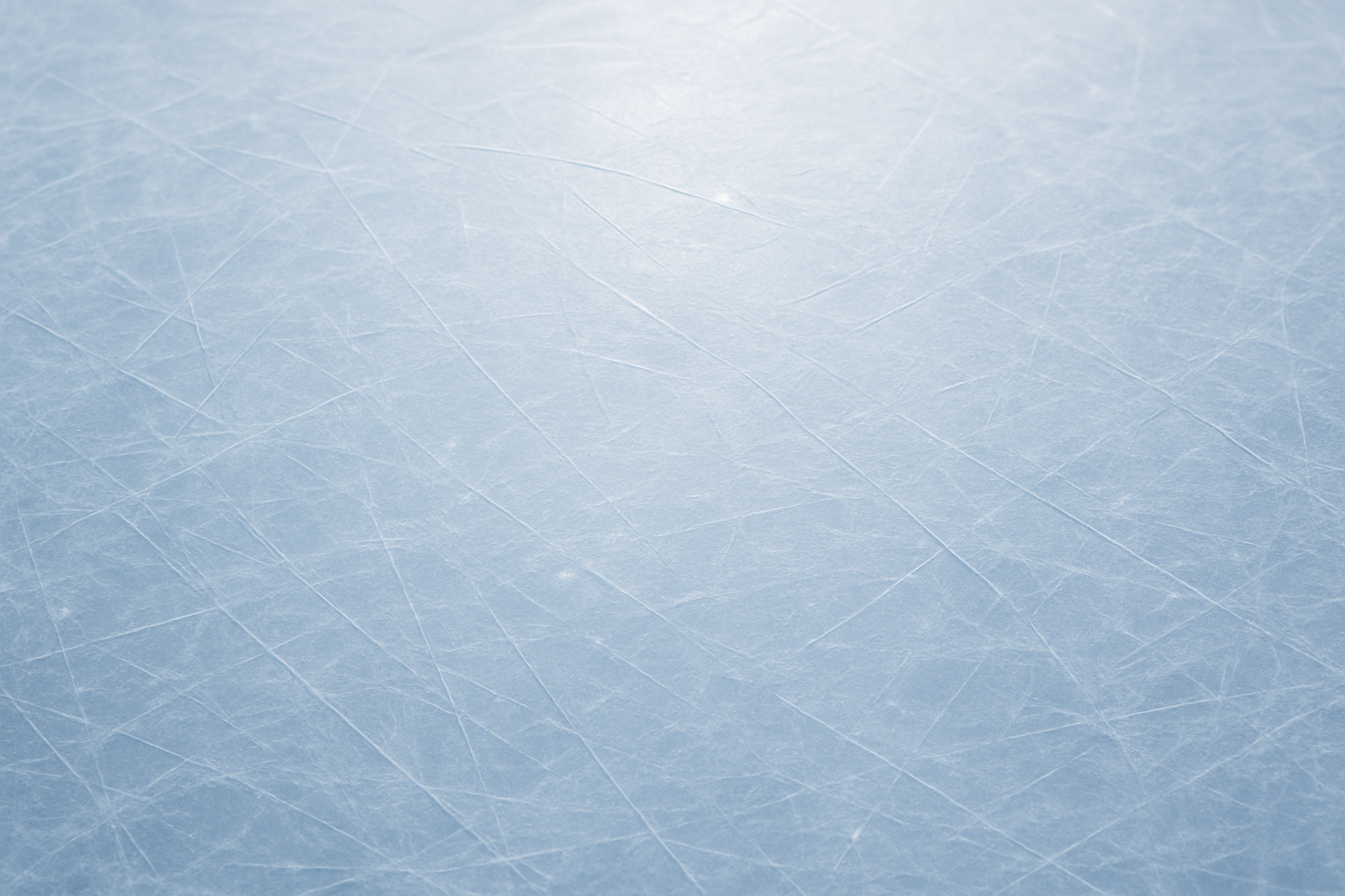Photorealistic close-up of an ice surface with natural texture, subtle scratches, skate marks, and gentle reflections creating a blue-white glow typical of indoor ice rinks