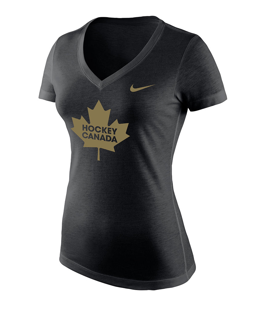 NIKE TEAM CANADA WOMEN'S TRI-BLEND MID-V NECK T SHIRT - BLACK