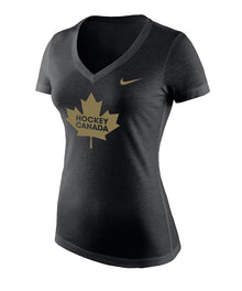 NIKE TEAM CANADA WOMEN'S TRI-BLEND MID-V NECK T SHIRT - BLACK
